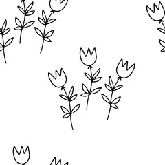 Floral seamless pattern with black flowers on white background. Outline tropic ornament. Vector illustration for fabric, textile, wallpaper, posters, paper. Fashion print. Doodle style.