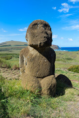 Kneeling Moai in Rano Raraku, Rapa Nui National Park, Easter Island, Chile, Unesco World Heritage