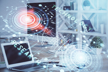 Multi exposure of computer on background and technology theme drawing. Concept of innovation.