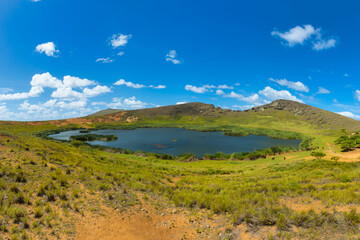 Fototapeta premium Rano Raraku crater lake, Rapa Nui National Park, Easter Island, Chile, Unesco World Heritage
