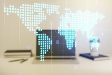 Multi exposure of abstract graphic world map on modern computer background, big data and networking concept concept