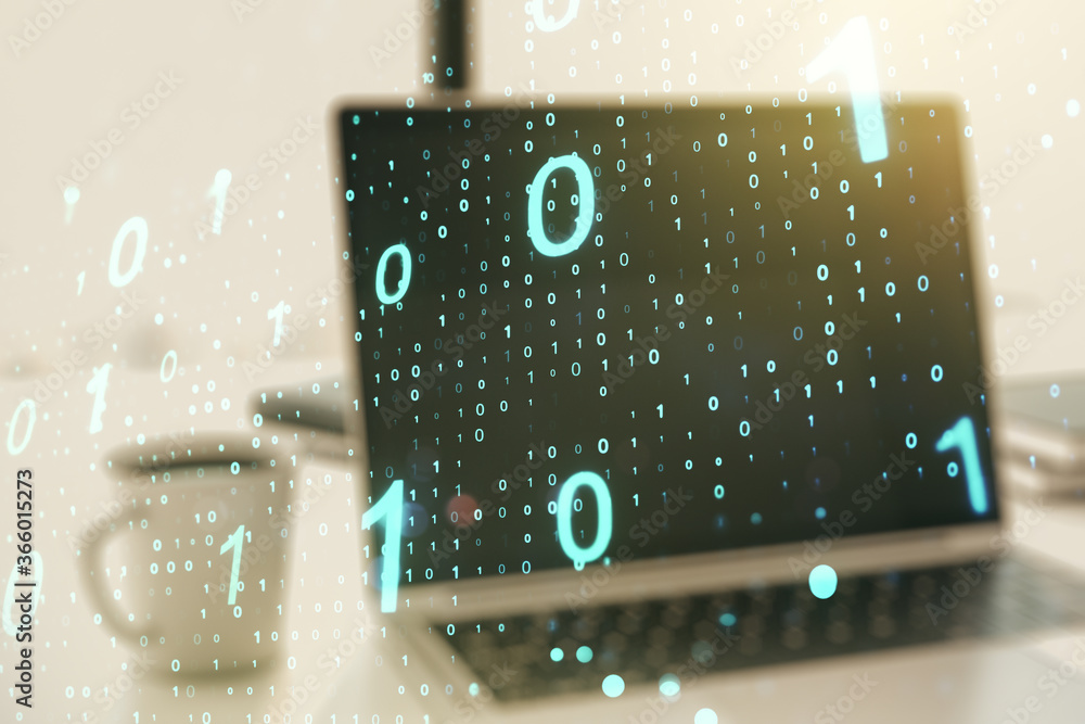 Aufkleber creative abstract binary code sketch on modern laptop background, hacking and matrix concept. multie