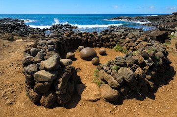 Te Pito Kura Henua stone (The Navel of the World), Rapa Nui National Park, Easter Island, Chile,...