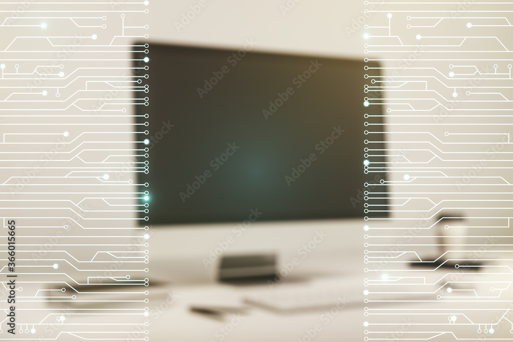 Poster creative abstract micro circuit sketch on modern laptop background, future technology and ai concept