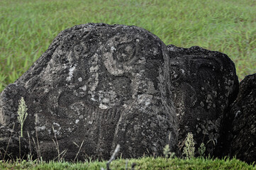 Petroglyph, Orongo Ceremonial village, Rapa Nui National Park, Easter Island, Chile, Unesco World Heritage Site