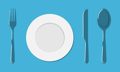 Plate, fork, spoon and a knife. Vector illustration. Oblects on a blue background.