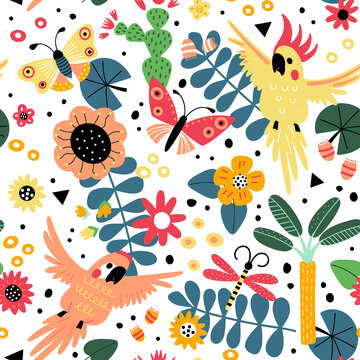 Seamless pattern with parrot and flowers