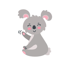 Koala wavivng to say Hi. Happy koala with pink cheeks. Vector illustration in cute flat style