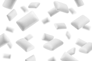 Falling chewing gum isolated on white background, selective focus - obrazy, fototapety, plakaty