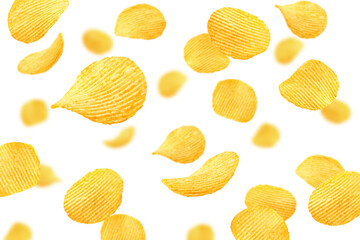 Falling potato chips isolated on white background, selective focus