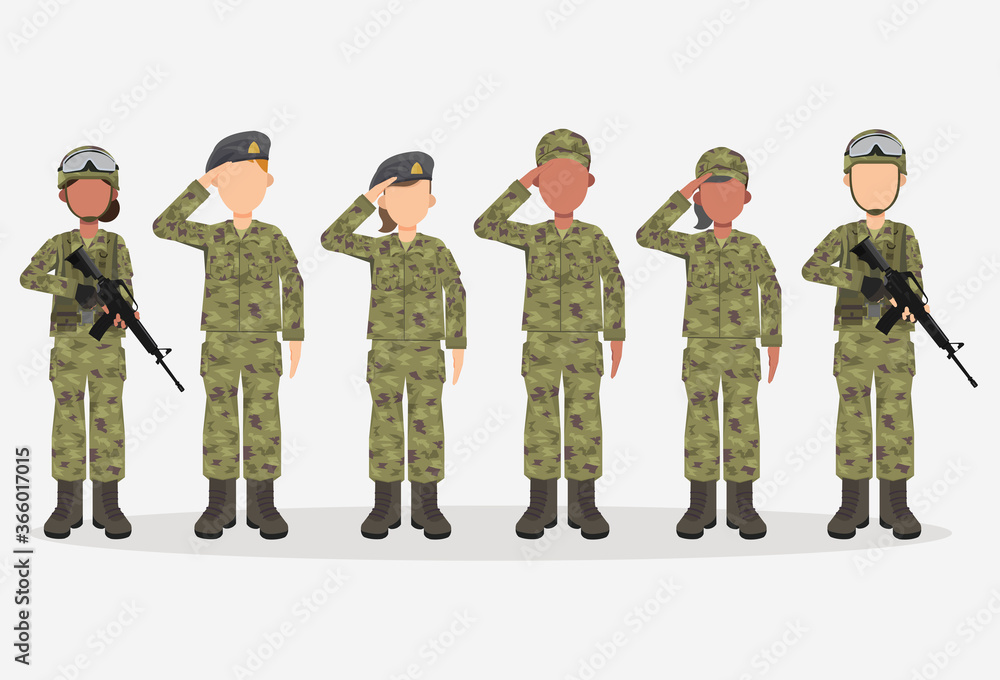 Wall mural Group of army, men and woman, in camouflage combat uniform saluting. Cute flat cartoon style. Isolated vector illustration. - Wall murals