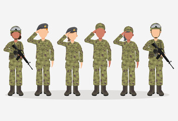 Group of army, men and woman, in camouflage combat uniform saluting. Cute flat cartoon style. Isolated vector illustration.