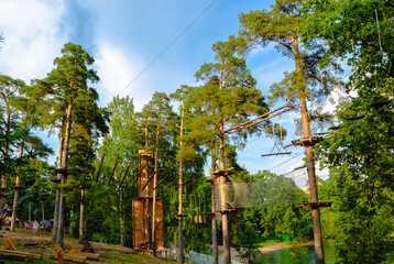 Fototapeta premium On high pines various equipment and gear for sports - ropes, slings, wooden steps, grids, platforms is fixed