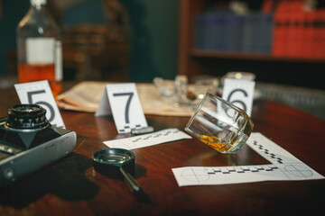 Fototapeta na wymiar Crime scene, evidence with numbers on the table