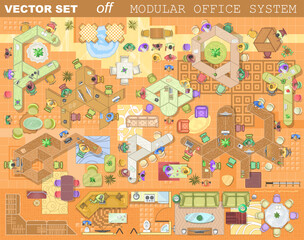 Modern office furniture icons in top view, vector floor plan collection. Contemporary workplace interior design elements. Desks with chairs, working person and computers for working space. 