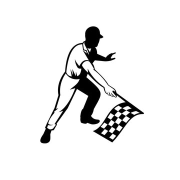 recommend clip art: Flagman Race Official Waving Checkered or Chequered Flag Finish Line Retro Retro Black and White