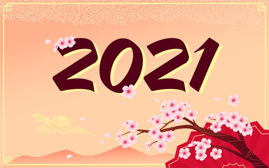Chinese new year congratulation card, invitation, calendar design with 2021 letters, traditional decor elements cherry blossom tree branch, gold clouds, fan on yellow background. Vector illustration.