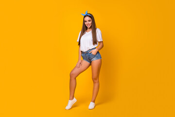 Full size photo of attractive stunning shine girl enjoy spring free time weekend look good wear...