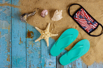 Travel vacation during with seashells on flip flops covid-19 coronavirus quarantine