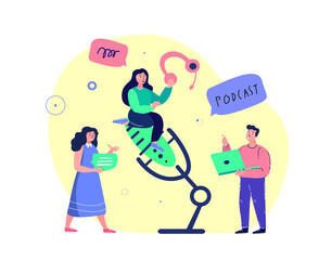 Online Blogging Podcast. Team with Headphones Talk on Microphone,Media Radio Host.Broadcast Internet Recording.Multimedia Blogger Podcaster,Broadcaster. Entertaining Communication.Vector Illustration.