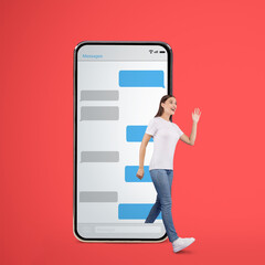 Excited girl waving and walking out cell phone