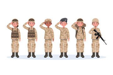 Group of army, men and woman, in camouflage combat uniform saluting. Cute flat cartoon style. Isolated vector illustration.