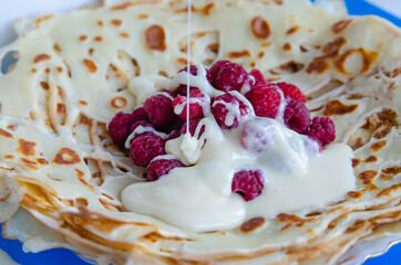 pancake with condensed milk and strawberries