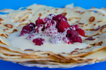 pancake with condensed milk and strawberries