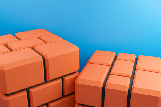 Minimal scene with brick block on blue background. Geometric shape.3D rendering.Use For Product Showcase.
