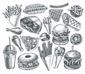 Ink hand drawn set of various burgers, hot dog, burrito, French fries, nuggets, donut, falafel, pizza, churros, bagel. Food elements collection for menu or signboard design. Vector illustration. - 366019877