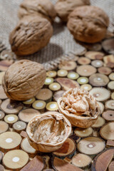 still life with walnuts on wooden table