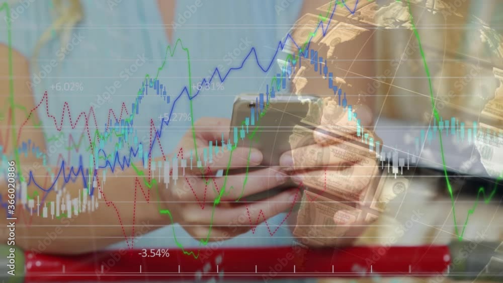 Poster statistical data processing against mid section of woman using smartphone while grocery shopping