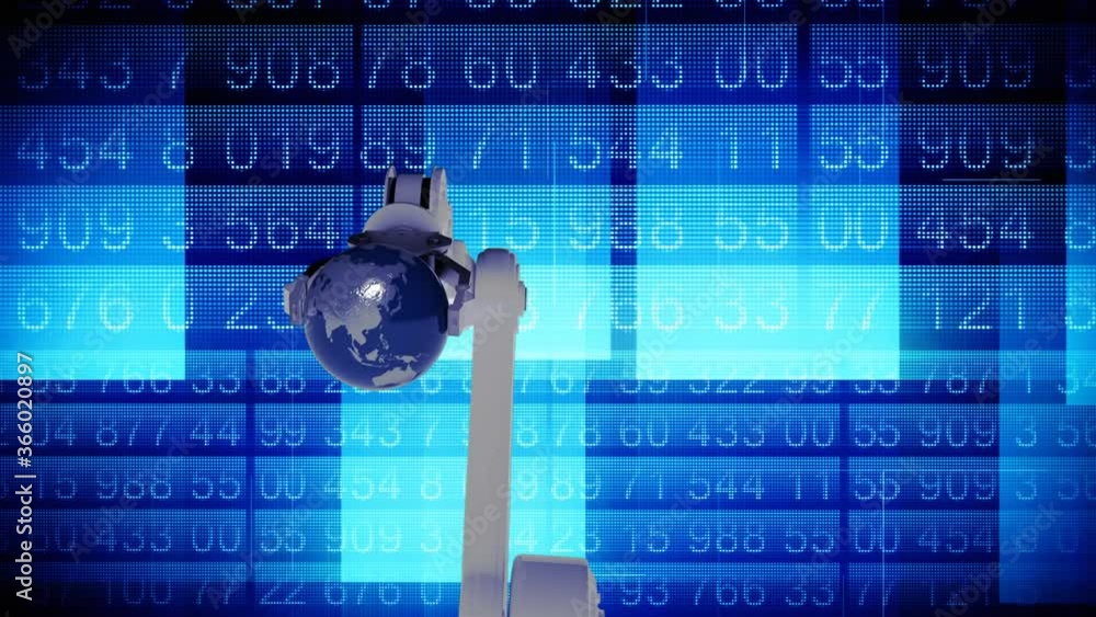 Poster robotic hands holding globe against numerical data processing