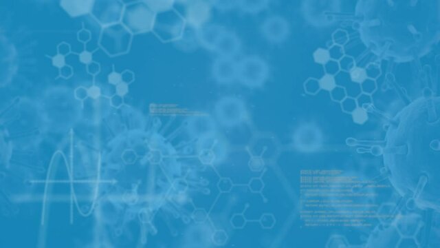 Covid-19 cells and data processing against blue background - Powered by Adobe
