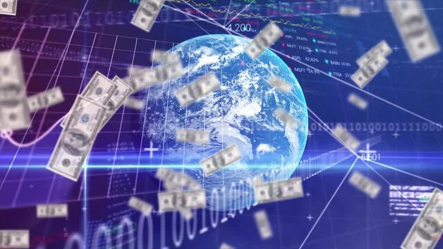 Financial data processing over globe against American dollars falling