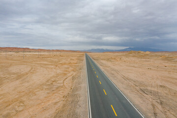 aerial view of  road in the desert