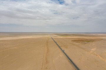 aerial view of  road in the desert