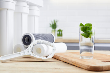 A glass of clean water and filter cartridges on the home kitchen background