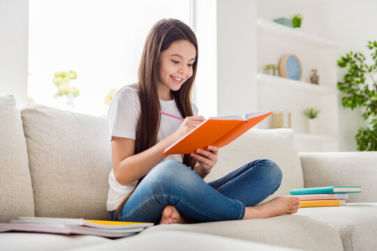 Photo of little pretty pupil school girl lady writing copy book homework sitting sofa homey domestic legs crossed distance quarantine studying comfortable living room indoors