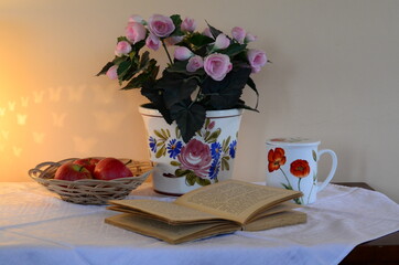 Table still. Reading at home in calm peace and silence.