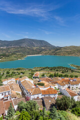 Fototapeta na wymiar Zahara de la Sierra village at the lake in Grazalema natural park, Spain
