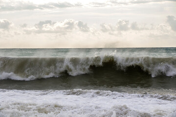 Stormy weather, waves and splashes in Batumi, Georgia. Stormy Black sea.