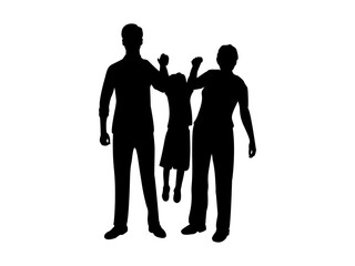 Silhouettes of dad with mom raising son in his arms