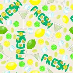 Seamless pattern with a glass of martini with olives and a slice of lime