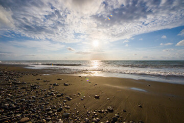 Obraz premium Stormy weather, waves and splashes in Batumi, Georgia. Stormy Black sea.
