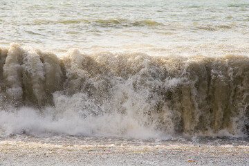 Stormy weather, waves and splashes in Batumi, Georgia. Stormy Black sea.