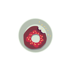 Chocolate donut with bite mark, red glaze and yellow sprinkles from top view
