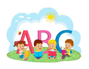 kids, boys and girls reading books sitting at the meadow,illustration,vector