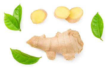 ginger roots with slices and green leaves isolated on white background. Top view