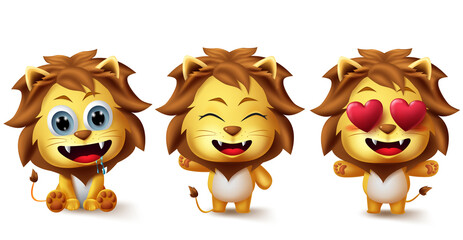 Animal lions character vector set. Animals lion kids characters in cute facial expressions like hungry, in love and happy in standing and sitting pose and gesture for jungle emoji collection design. © Zeinous
